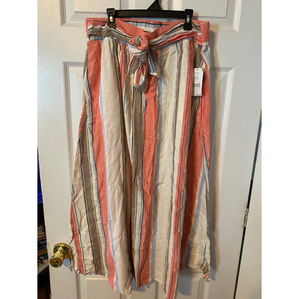 Time and Tru‎ Womens Midi Skirt Large 12-14 Coral Striped Relaxed Fit NWT